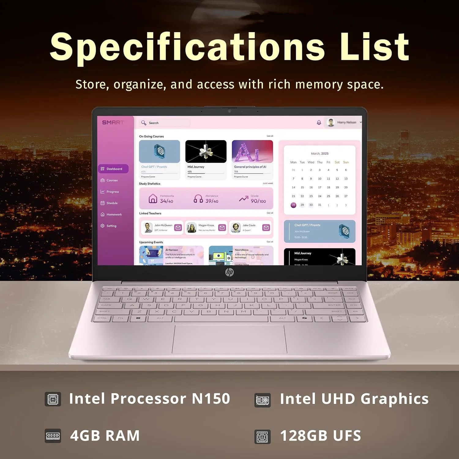 HP Stream 14" HD Laptop, Intel Processor N150, 4GB RAM, 128GB UFS, Intel Graphics, Webcam, Bluetooth, Windows 11s, Pink (Renewed)