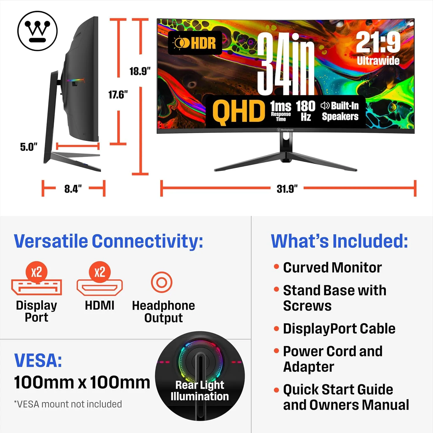 Westinghouse 34 Inch Curved Gaming Monitor, 2K Ultra-WQHD(3440x1440P), AMD FreeSync Premium, 3000:1 Contrast Ratio, 122% sRGB, 180Hz, 1ms, 1500R, Eyecare, Built-in Speakers, DisplayPortx2, HDMIx2