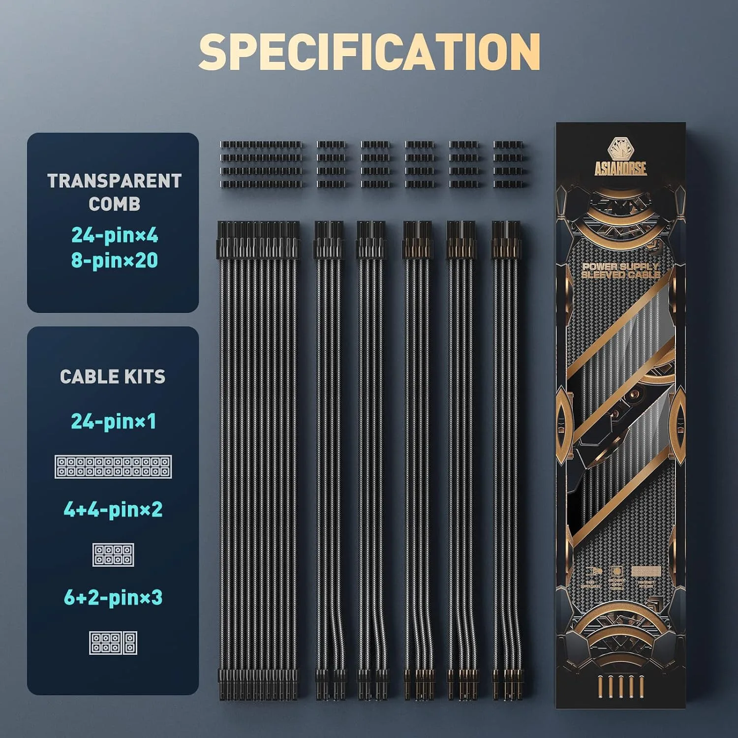 AsiaHorse PSU Cable Extension Kit, 24Pin/4+4 EPS/6+2 PCI-E 16AWG Power Supply Sleeved Cable Kit with Transparent Connector for Two-Way CPU Performance, 6kit Pro Clear Series
