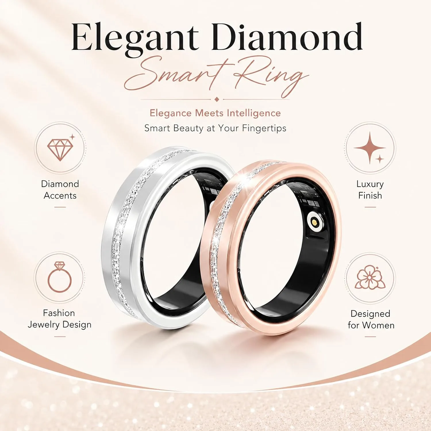 Smart Ring for Women Health Ring with 24/7 Heart Rate Monitor Sleep Tracker Multi-Sport Modes Waterproof Remote Camera Period Tracking Fitness Tracker Diamond-Accented Fashion iOS Android Phones