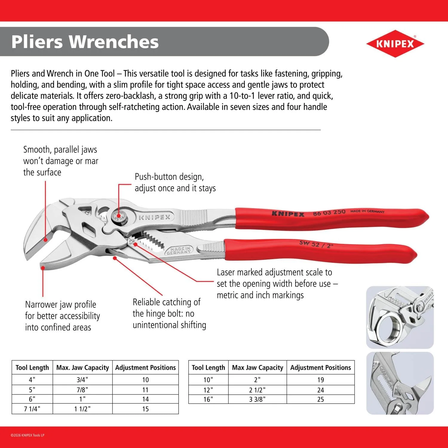 KNIPEX 86 01 180, 7-1/4 in. Pliers Wrench, Capacity 1-1/2 in.