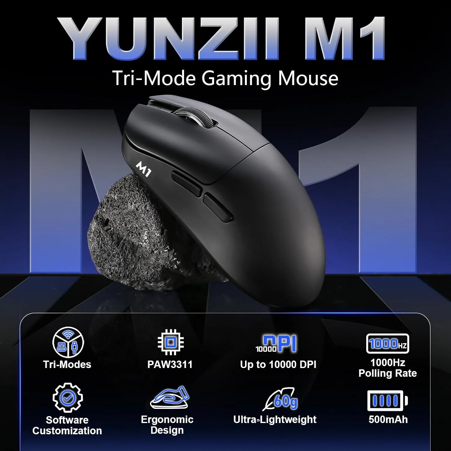 YUNZII M1 PAW3311 Sensor Wireless Gaming Mouse (Black)