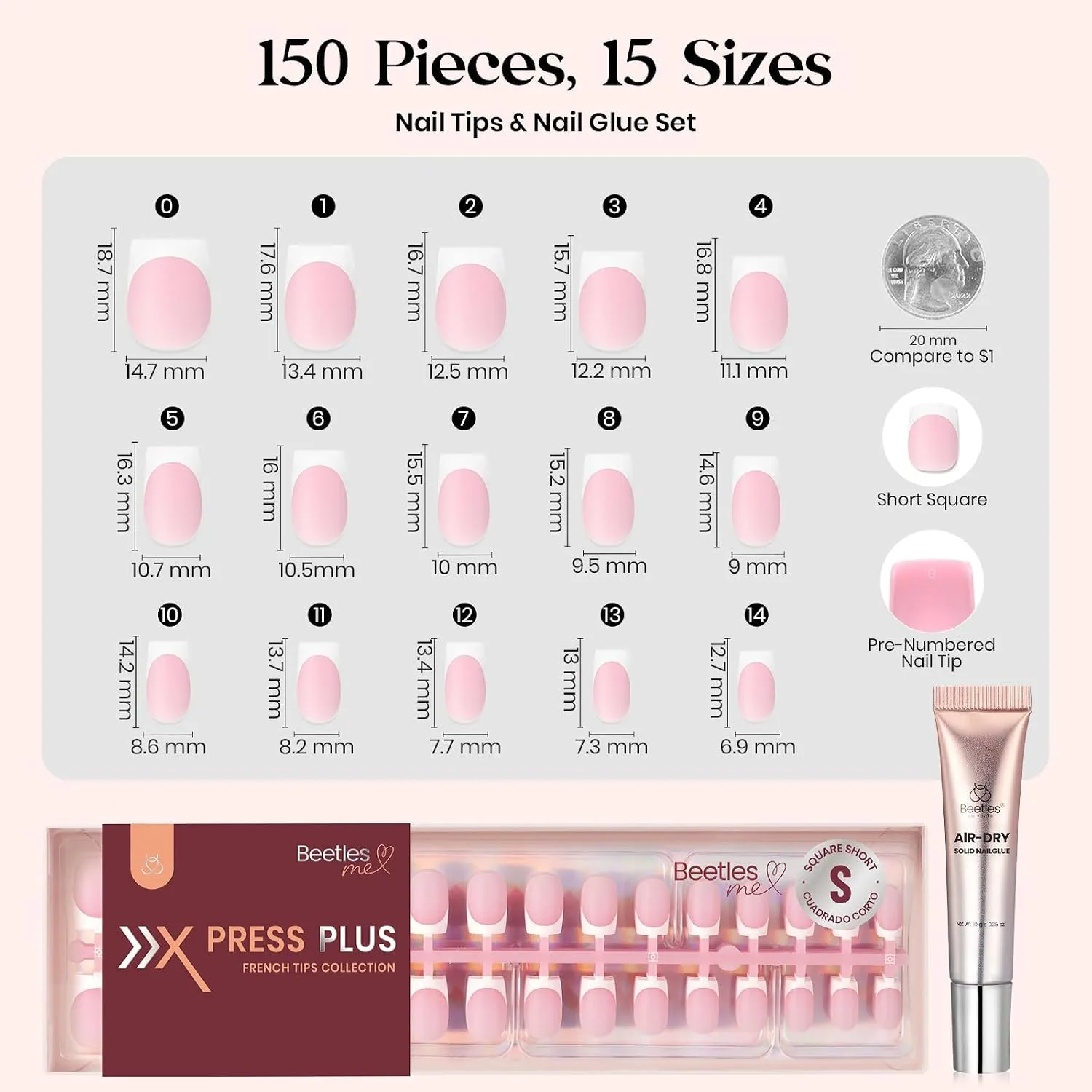 Beetles French Tip Press On Nails with Semi Solid Nail Glue, Short Square