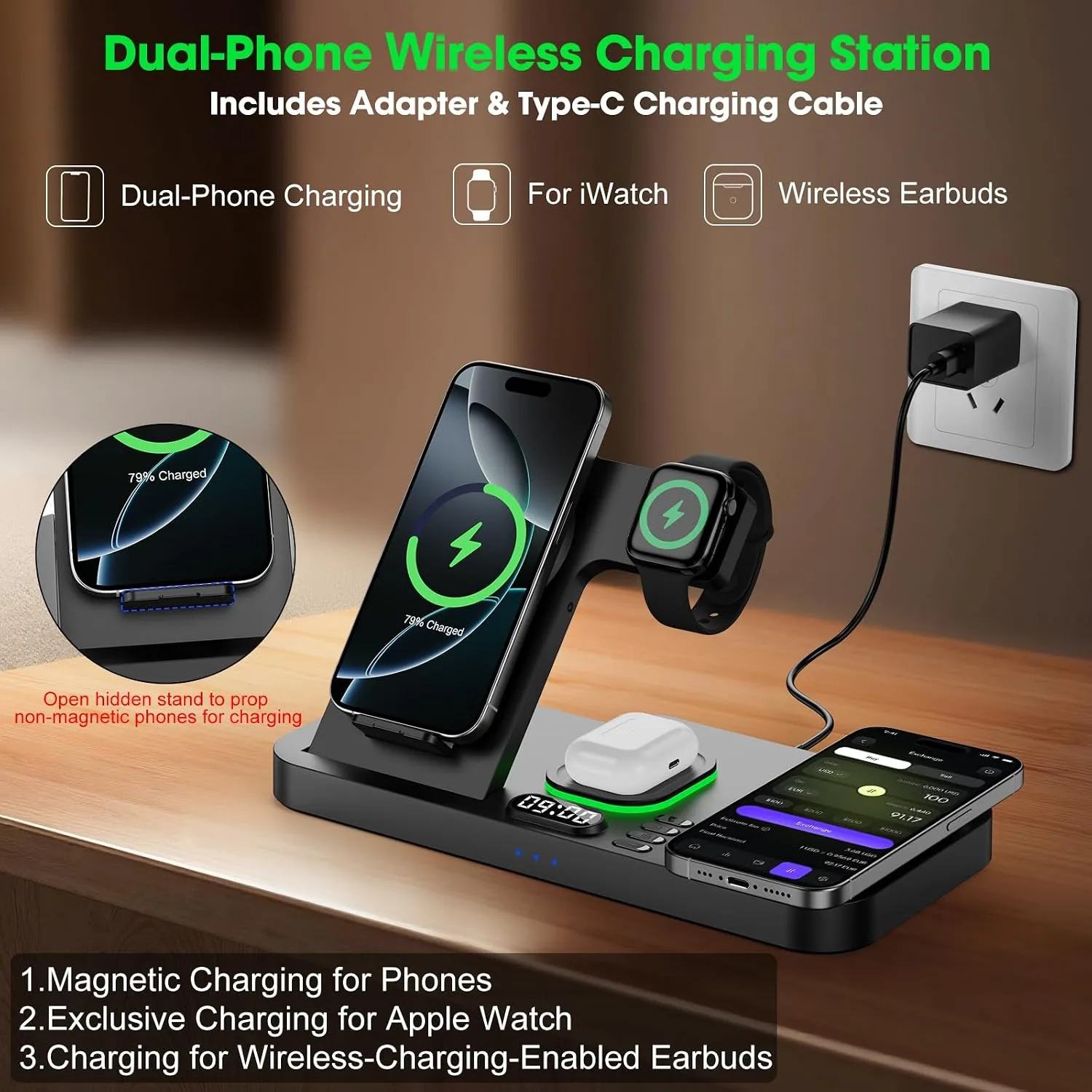 Dual Phone Foldable Wireless Charging Station for Apple, Couple&Family Use