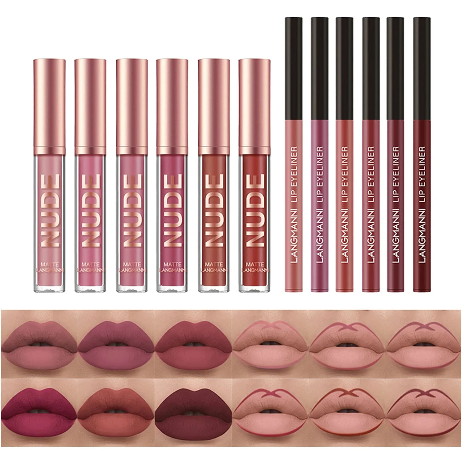12Pcs Matte Liquid Lipstick and Lip Liner Set, Lip Makeup Combo (Set A)