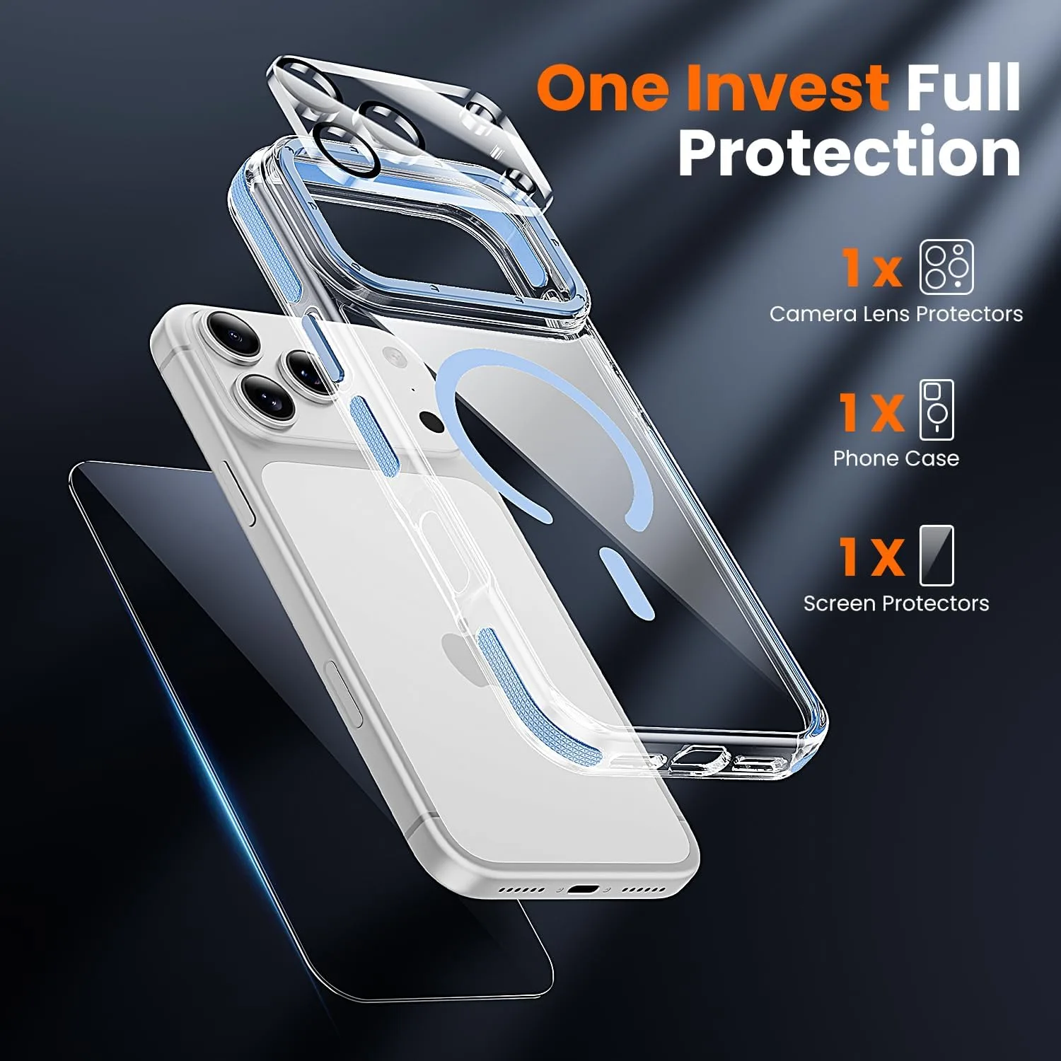 toushion 3-in-1 Clear Case for iPhone 17 Pro Max, Light Blue Shockproof