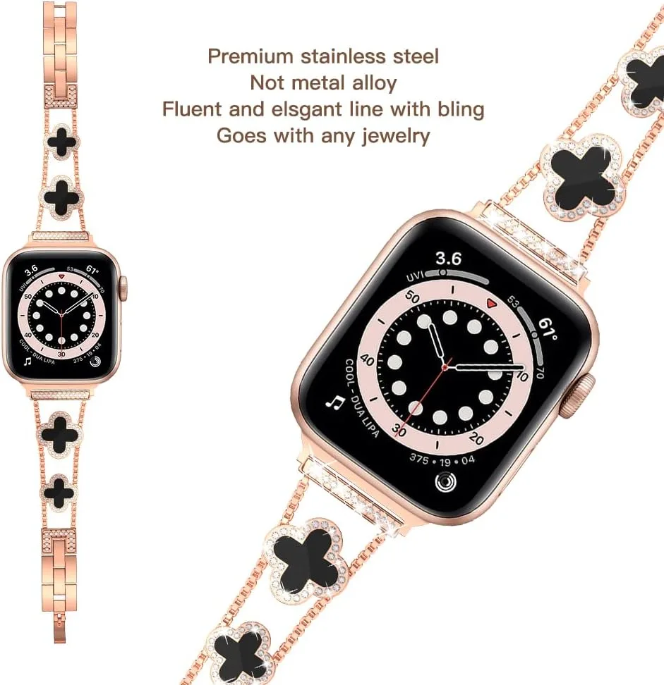 Musk-MSKR Diamond Metal Bands Add Sparkle to Your Watch For Apple Watch Series 12/11/10/9/8/7/6/5/4/3/2/SE/Ultra Clover Simple and Stylish Compatible with 38mm40mm41mm42mm44mm45mm 46mm49mm Women's Wear