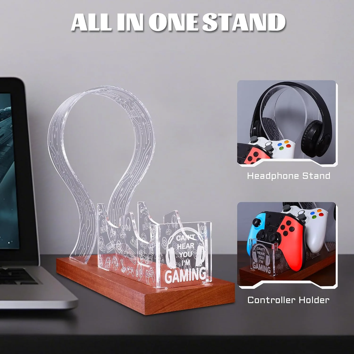 YuanDian Gamer Gifts for Teenage Boy, Can't Hear You I'm Gaming Headset and Controller Stand, Acrylic Wooden Controller Holder with Blue Pink LED Night Light, Desk Decor Gift