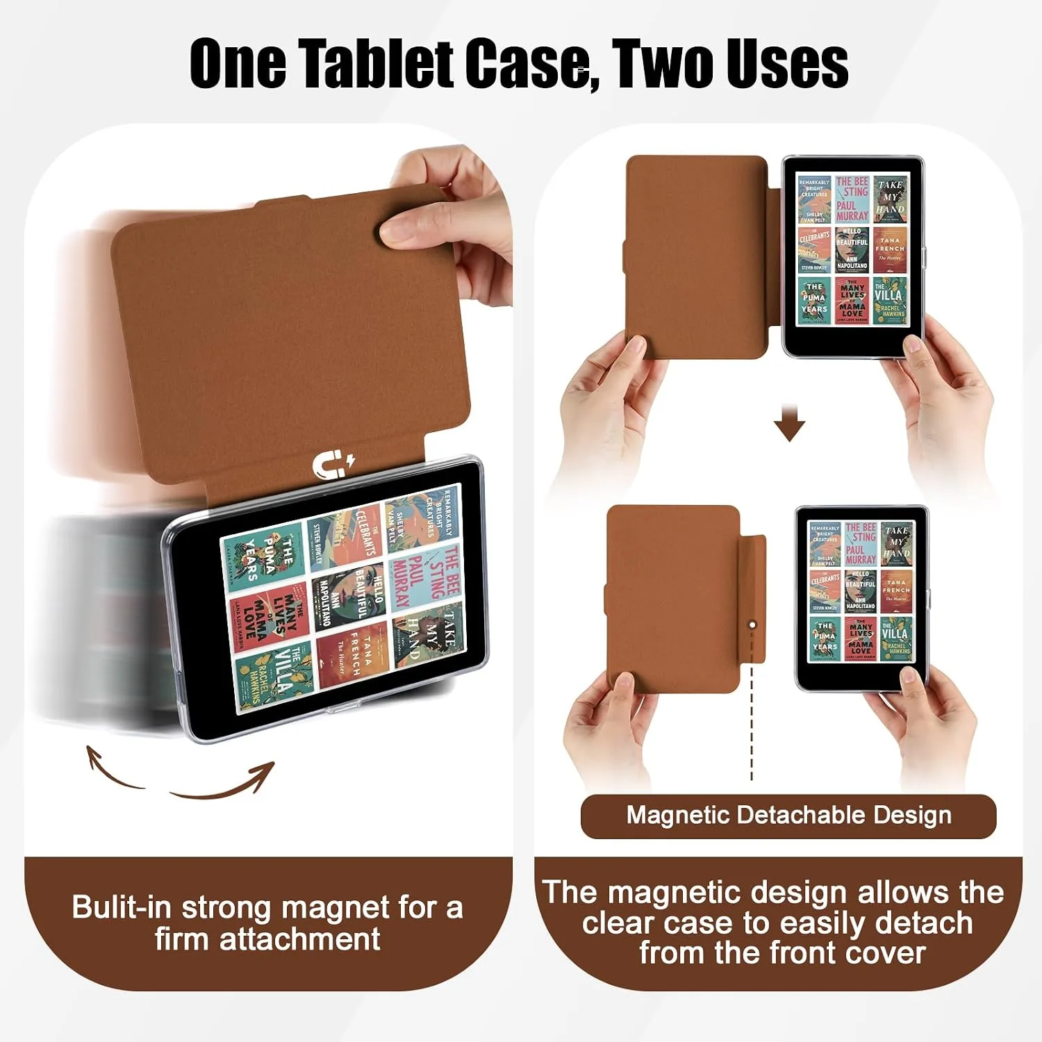 E NET-CASE Detachable Magnetic Case for 6" Kobo Clara Colour (2024) /Clara BW(2024) /2E(2022) eReader,Ultra Clear Back丨Easy to Detach & Attach丨Auto Sleep/Wake (Brown)