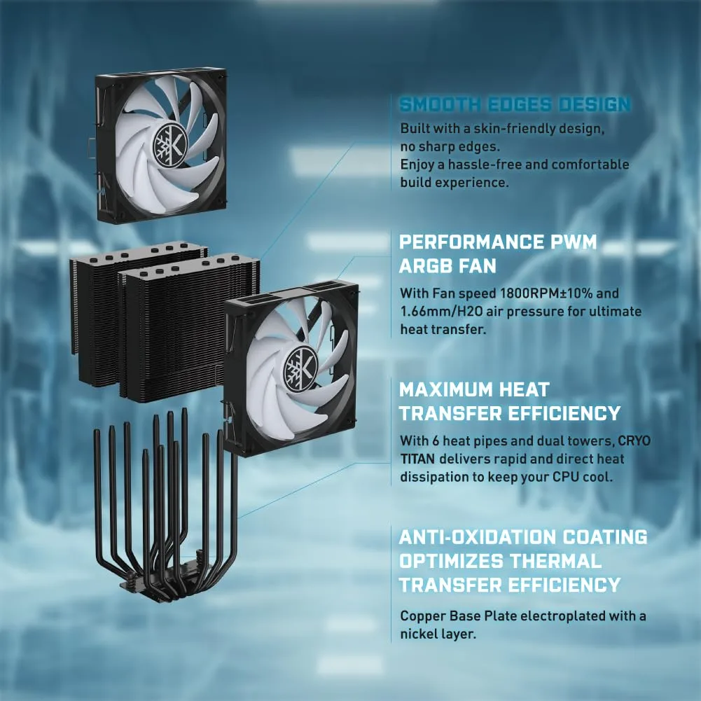 KINGCOOL CRYO Titan 120 ARGB Dual-Tower CPU Air Cooler Max 260W TDP, Black