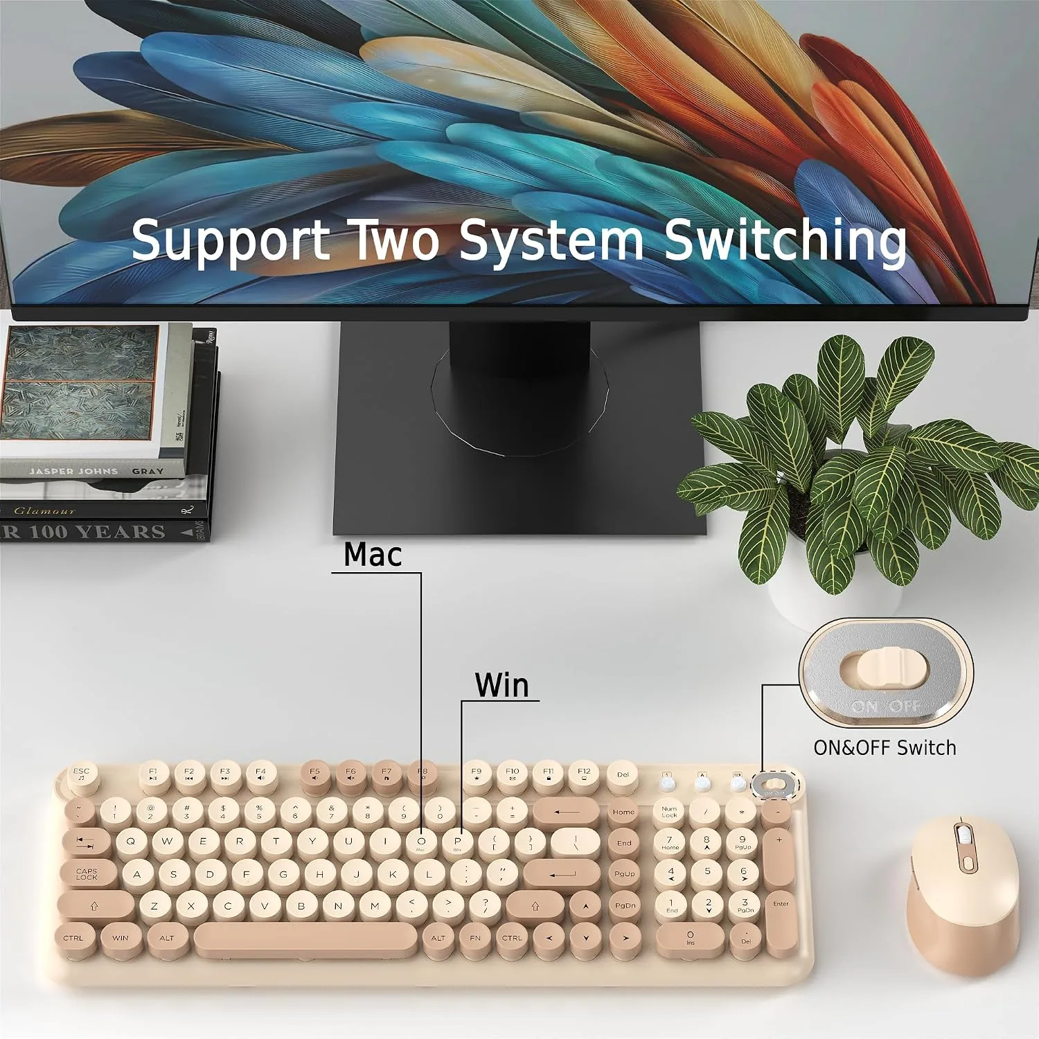 Colorful Wireless Keyboard and Mouse Combo (Milk Tea)