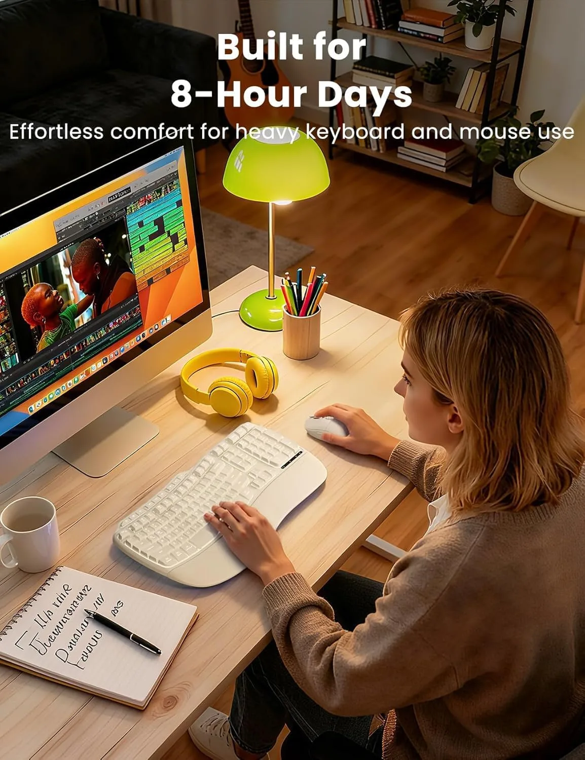SABLUTE White Wireless Keyboard and Mouse Combo, Light up Ergonomic Keyboard Set, 2.4G Full Size Ergo Wave Key Board with Cushioned Plam Rest, Silent Mouse, for Computer/Laptop/Windows/Mac