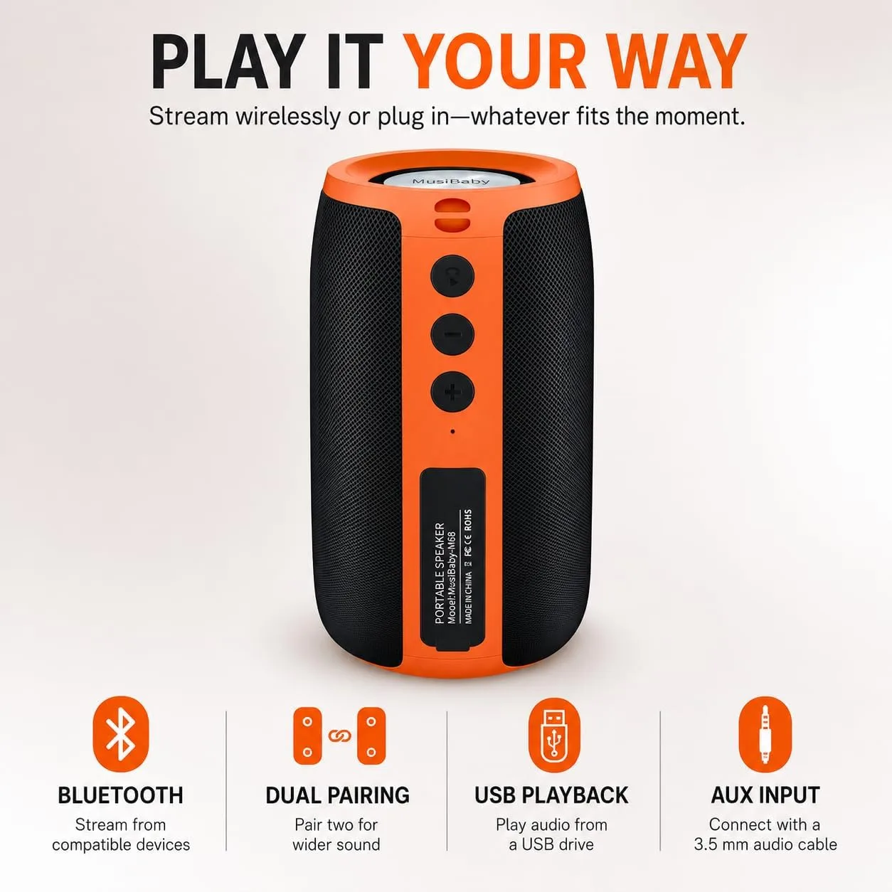 Musibaby M68 Bluetooth Speaker, 12W, IPX5, 24H Playtime, OrangeBlack