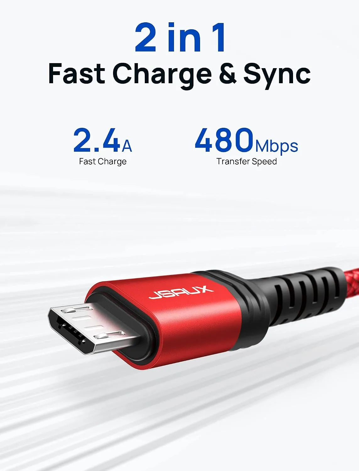 JSAUX Micro USB Cable for Android, (2-Pack 6.6FT) Android Charger Cable-Red