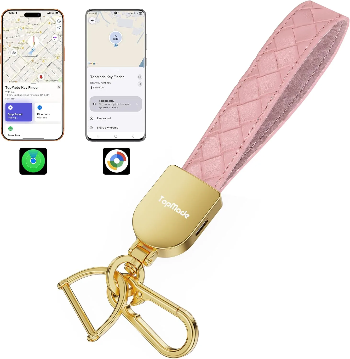 Smart Keychain Tracker (iOS & Android), Car Key Chains Finder, Pink & Gold