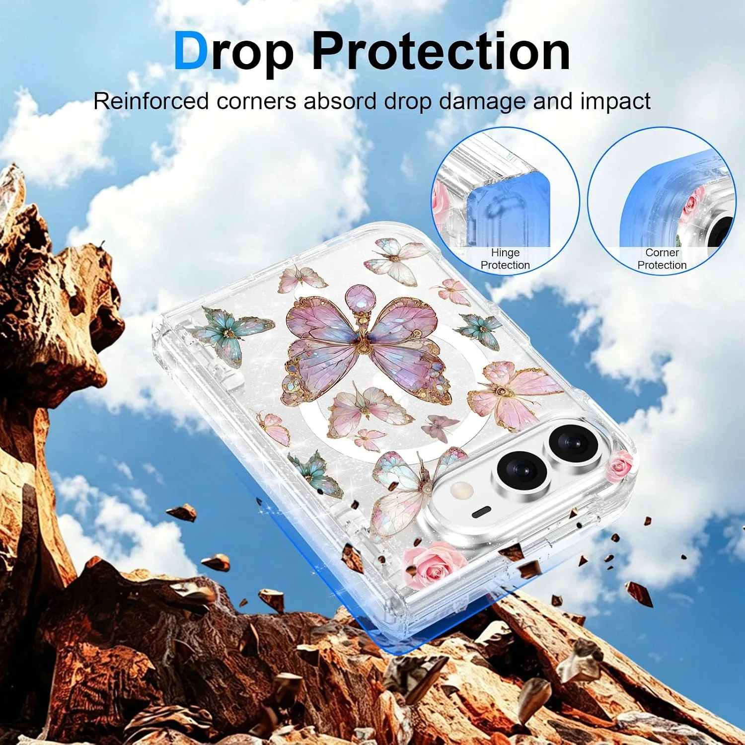 for iPhone Duo Case Clear Glitter Magnetic with Hinge Protection