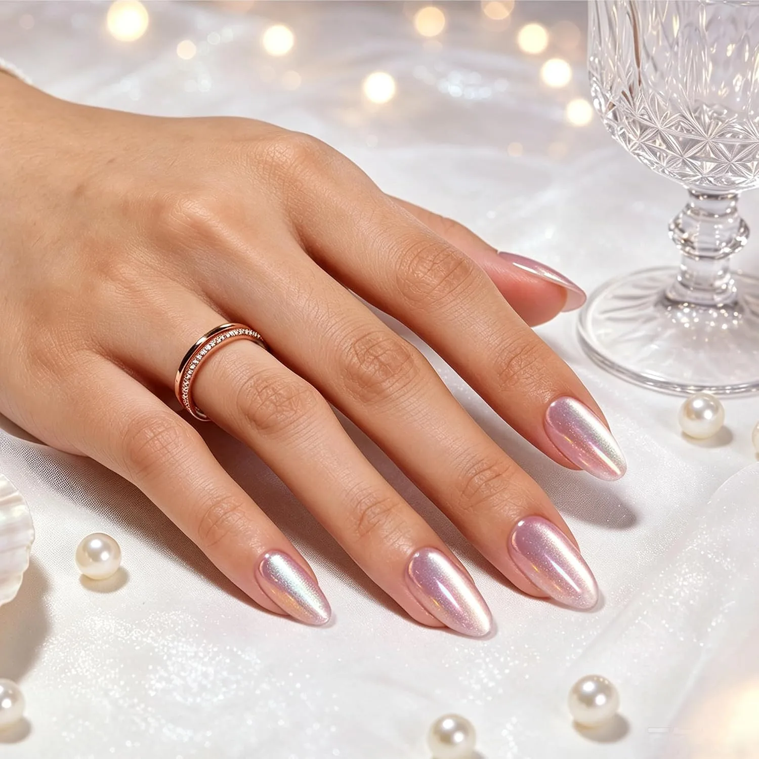 Beetles Chrome Press On Nails, Purple Cat Eye, Short Almond, 32 PCS
