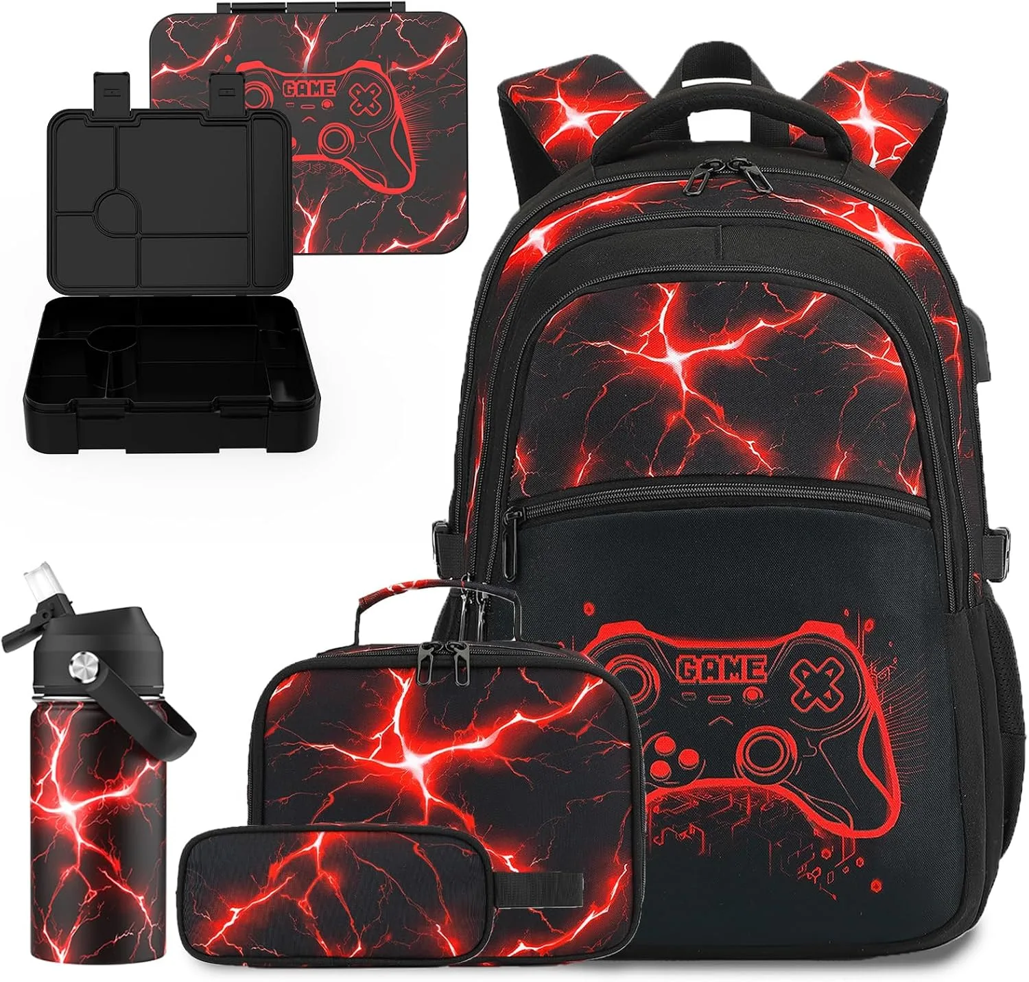 DIGOBAY Boys Backpack for School, Cool Luminous Gamer Backpack for Boys with Kids Bento Box Insulated Water Bottle Lunch Box Pencil Case, Kids Backpacks Bookbag for Teen Boys Elementary Middle School