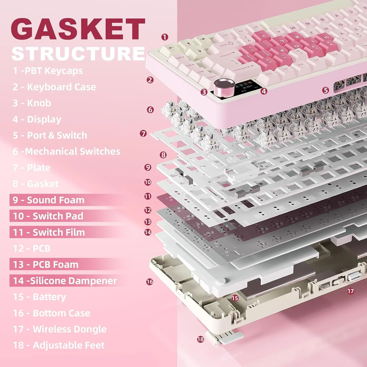 YUNZII B75 PRO MAX 75% Mechanical Keyboard (Pink Heart, Milk Switch)