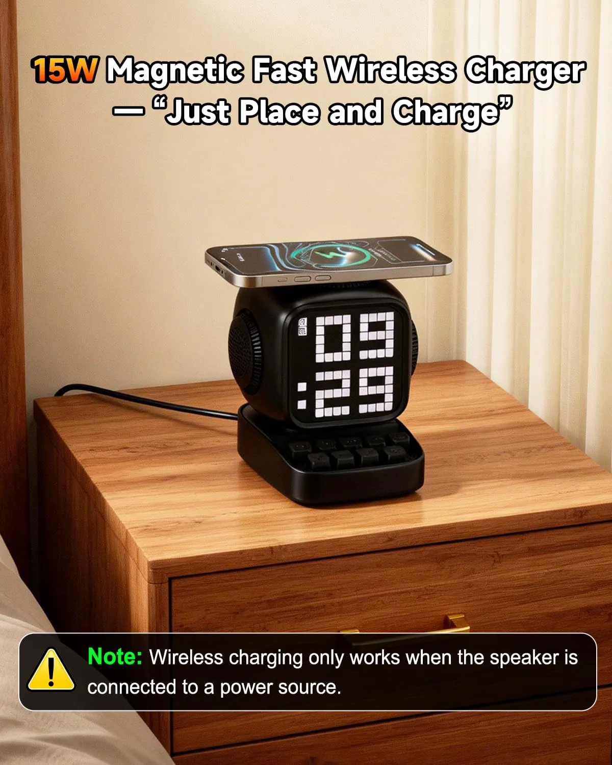 Retro Robot 5-in-1 Bluetooth Speaker: 15W Wireless Charger, Pixel LED Screen, 10W Stereo Sound & 15 White Noise, Alarm Clock, Cute Portable Wireless Speaker for Bedroom Desk Office, Birthday Gifts