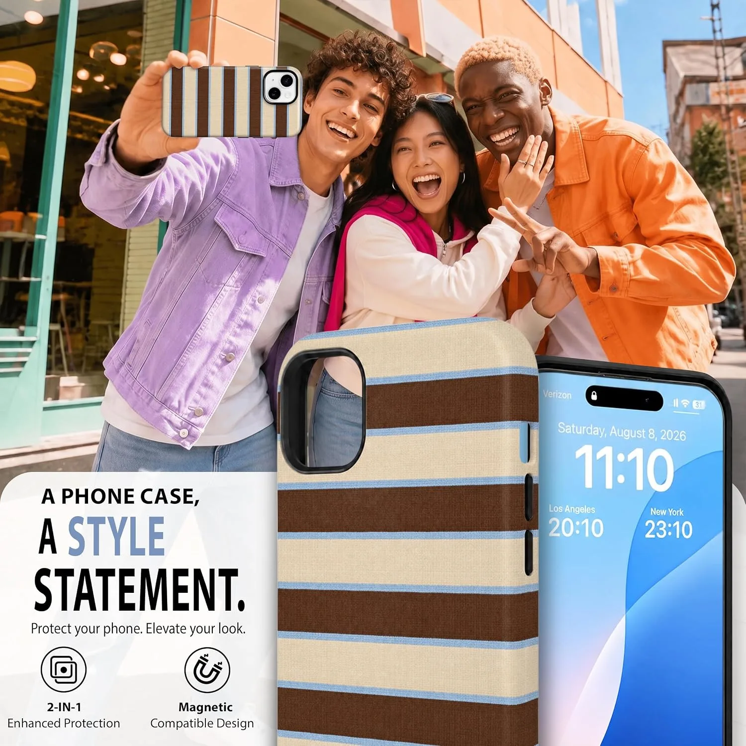 Magnetic for iPhone 15 Brown Horizontal Striped Phone Case Stripes
