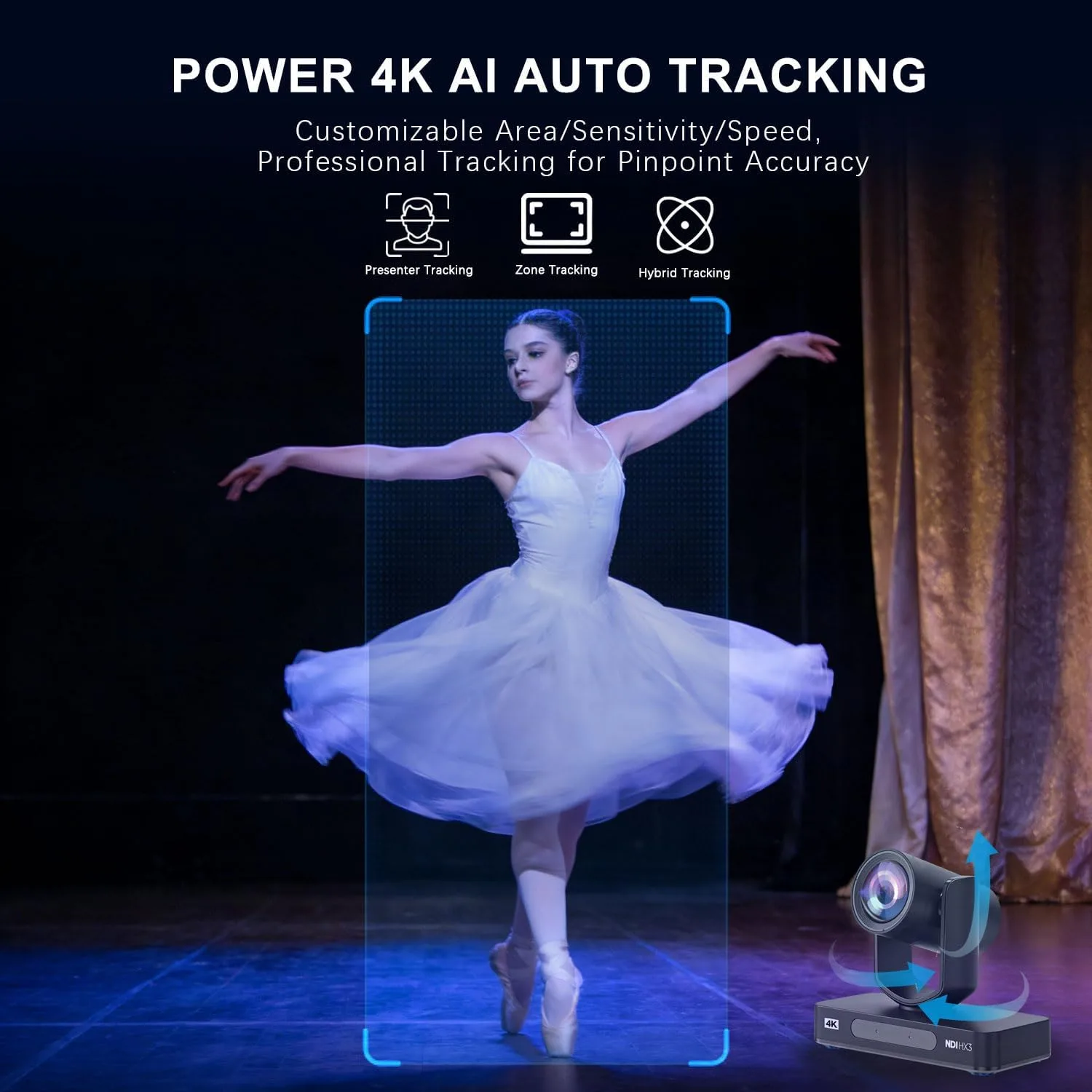 NDI PTZ Camera 4K, 20X HDMI SDI AI AUTO Tracking PTZ Camera with IP Live Streaming for Church Worship Live Events,PoE Support(AV4KN-20-B)