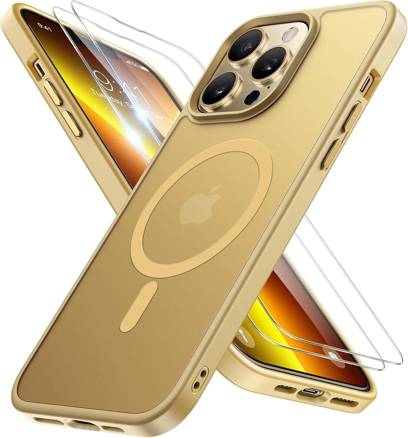 miracase Magnetic for iPhone 13 Pro Case 6.1 inch (Compatible with MagSafe)（with 2X Screen Protectors） Military-Grade Protection, Anti-Fingerprint Translucent Matte Phone Case Cover, Light Yellow
