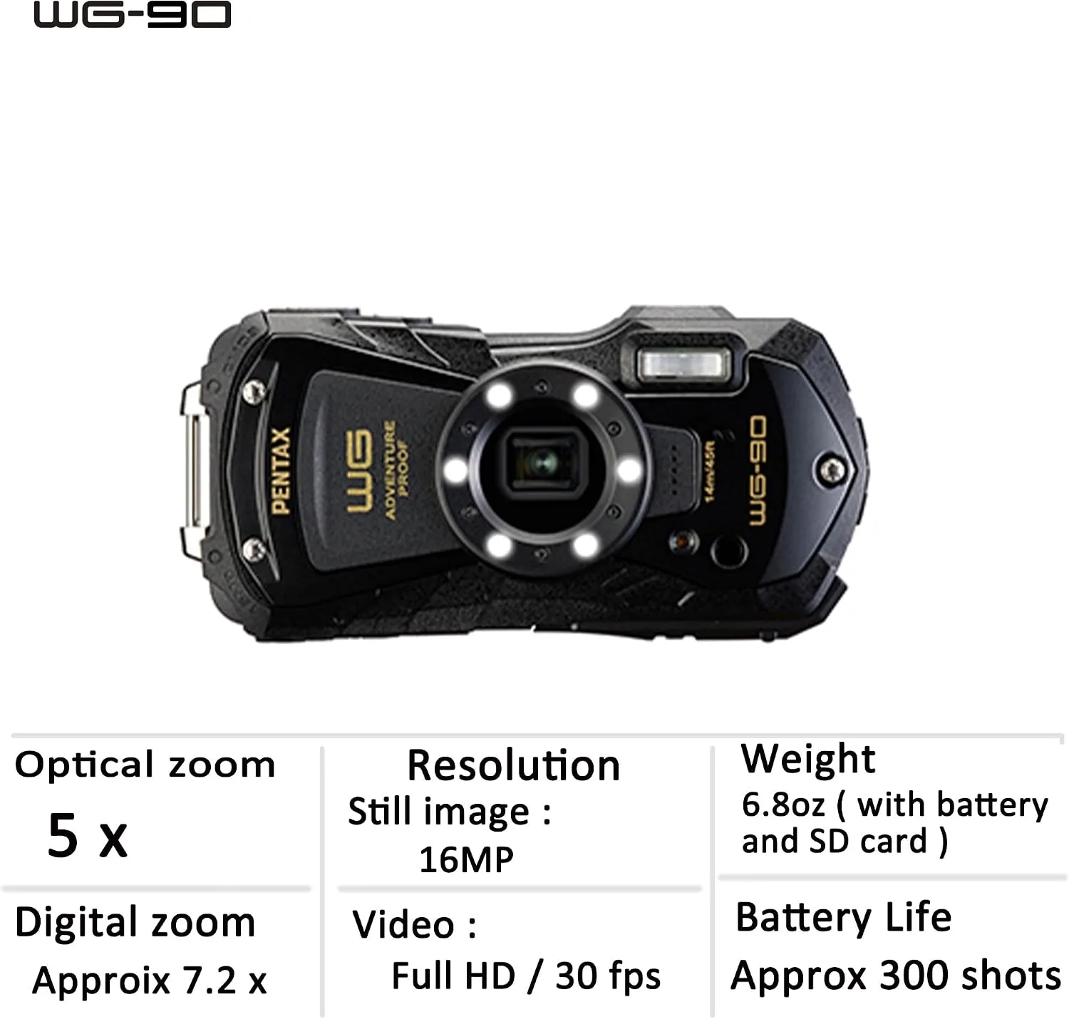 PENTAX WG-90 Black Waterproof Camera, Shockproof, Dustproof, Freezeproof, Built-in 6-LED Ring Light for Macro Photography, Underwater Shooting Mode