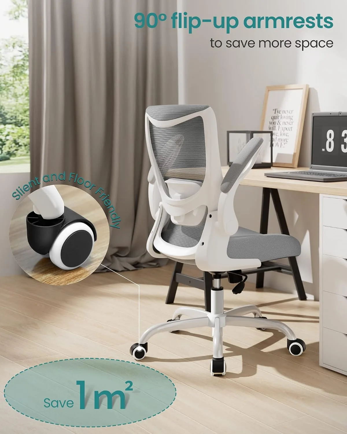 MUXX.STIL Office Chair, Ergonomic Desk Chair with Adjustable Lumbar Support and Flip up Armrest, Breathable Mesh Computer Chair for Home Office, Gray