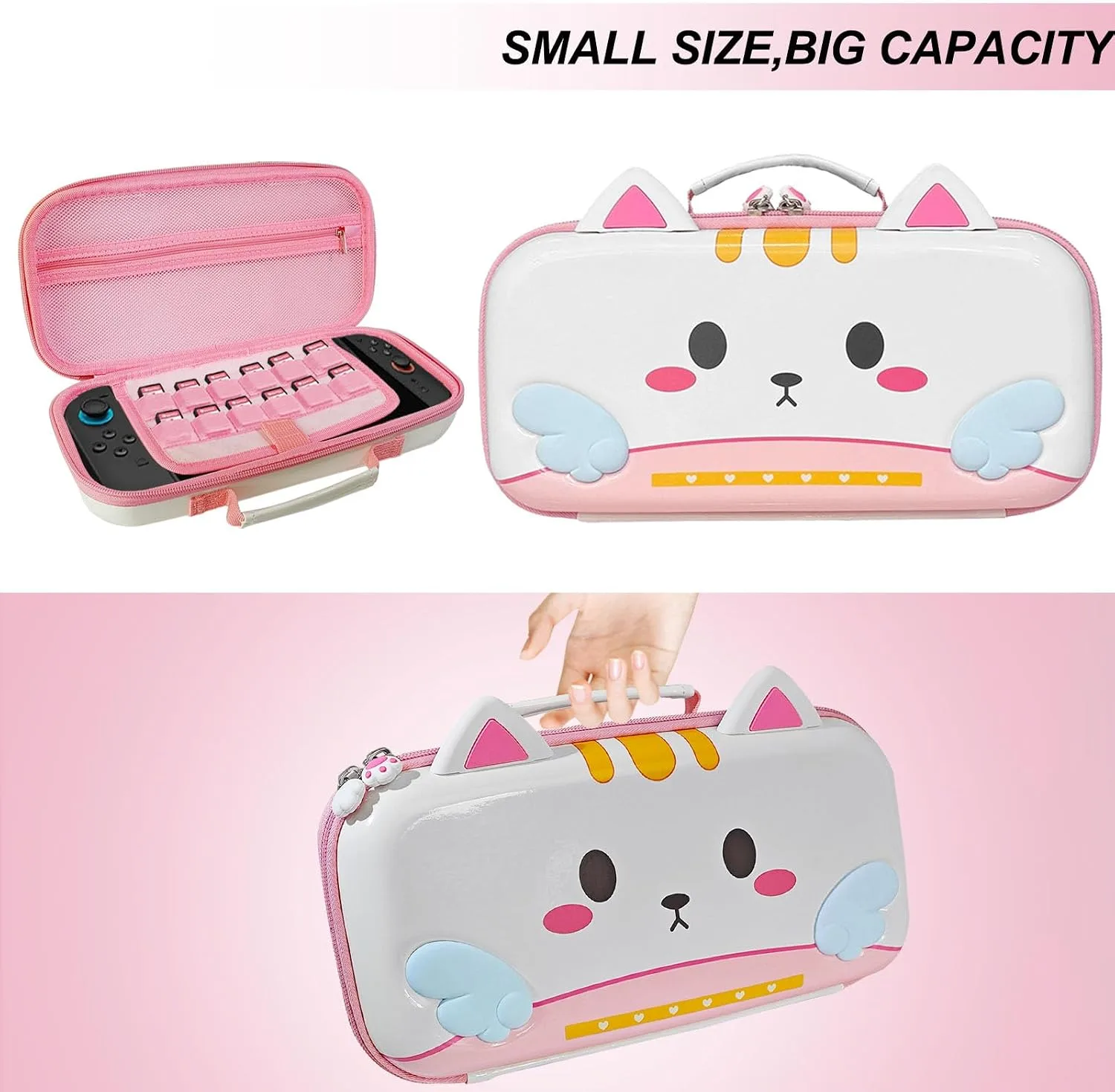 Carrying Case for Nintendo Switch 2, Cute Cat Design with Handle for Switch 2 2025 Travel Cases with Pink Silicone j-con Covers, Kawaii Thumb Grip Caps, Screen Protector for Girls Women Teens