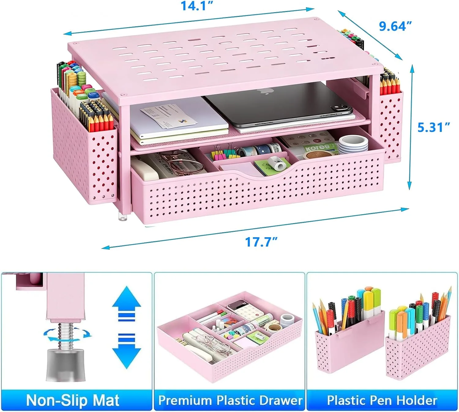 gianotter Desk Organizers and Accessories, Monitor Stand with Drawer and 2 Pen Holder, Desktop Organizer Suitable for Offices and Dormitories (Pink)
