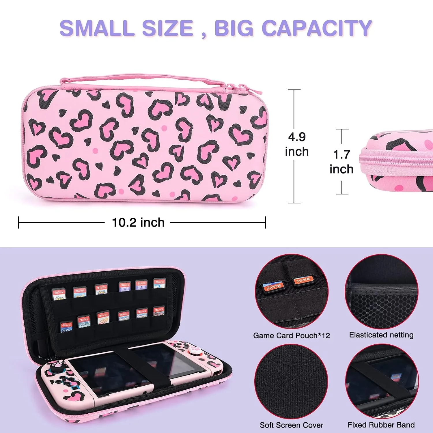 DLseego Pink Love Leopard Carrying Case for Switch, Cute Silicone Protective Shell Soft Cover with 4PCS Thumb Grip Caps and Pink Plush Heart Pendant Hard Storage Case Accessories Kit Bundle for Girls