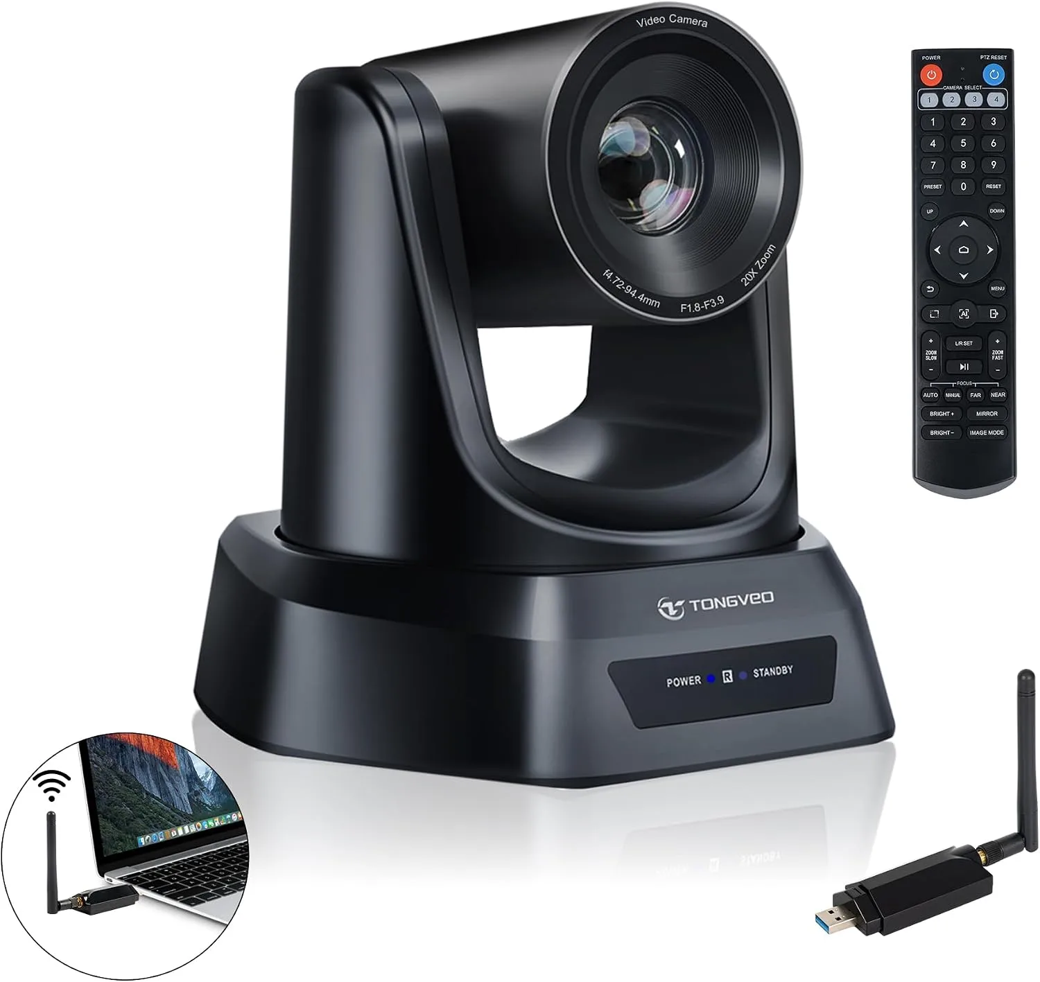 TONGVEO AI Wireless PTZ Camera System with Auto Tracking 5.8GHz 1080P 60fps Conference Camera with 3X Optical Zoom