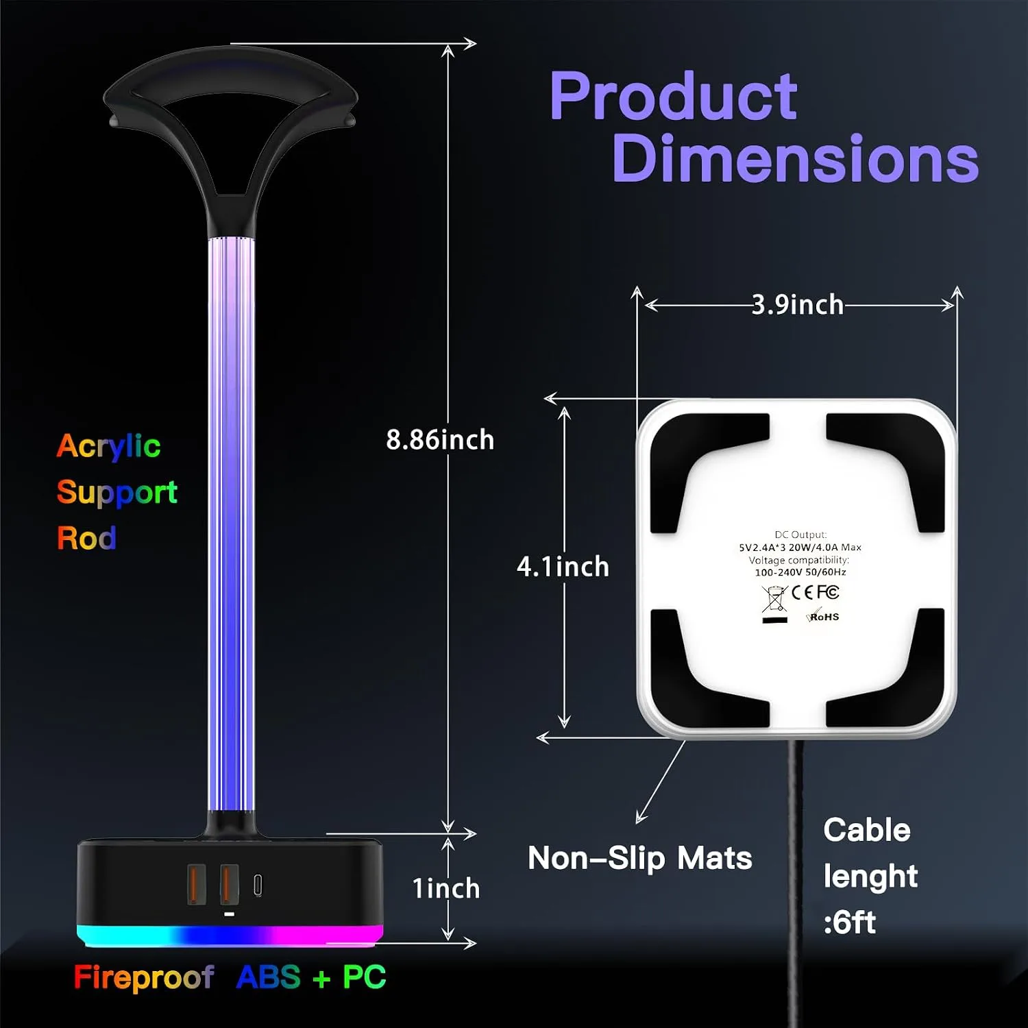 Headphone Stand with Charger for Desk, Gifts for Gamers Men, RGB Black