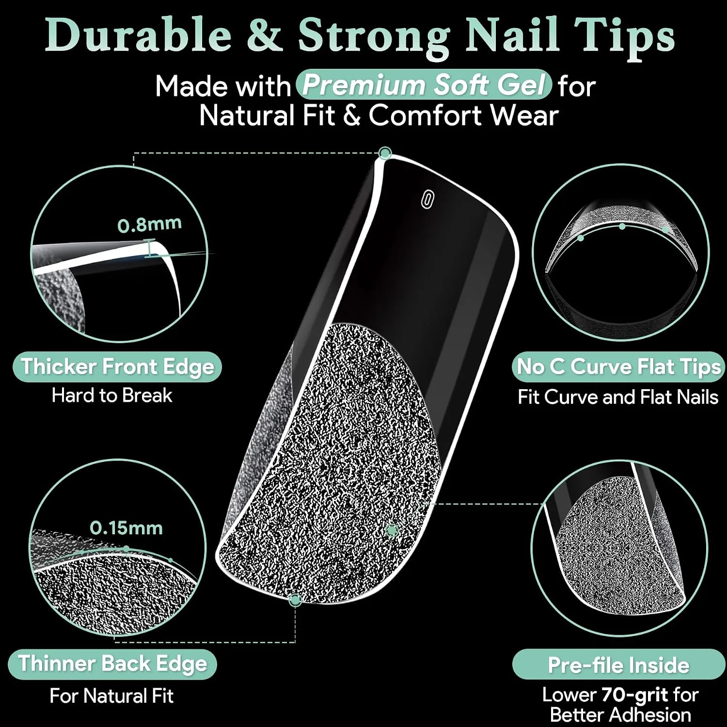LEYKOSH Medium Square Nail Tips, 15 Sizes 240 PCS Clear Gel Tips