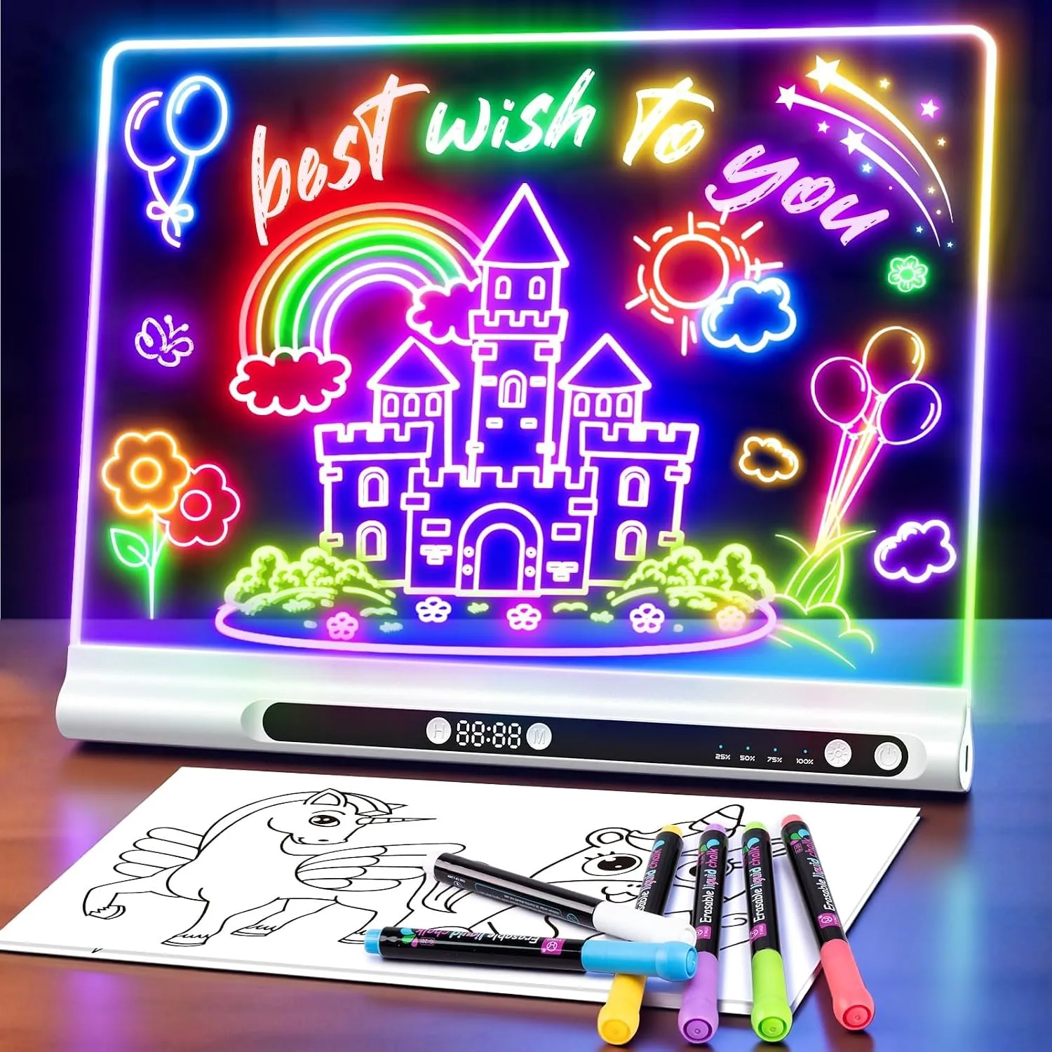 Geokay 16“ Rechargeable LED Drawing Board, 9-Color Light Modes with Timer