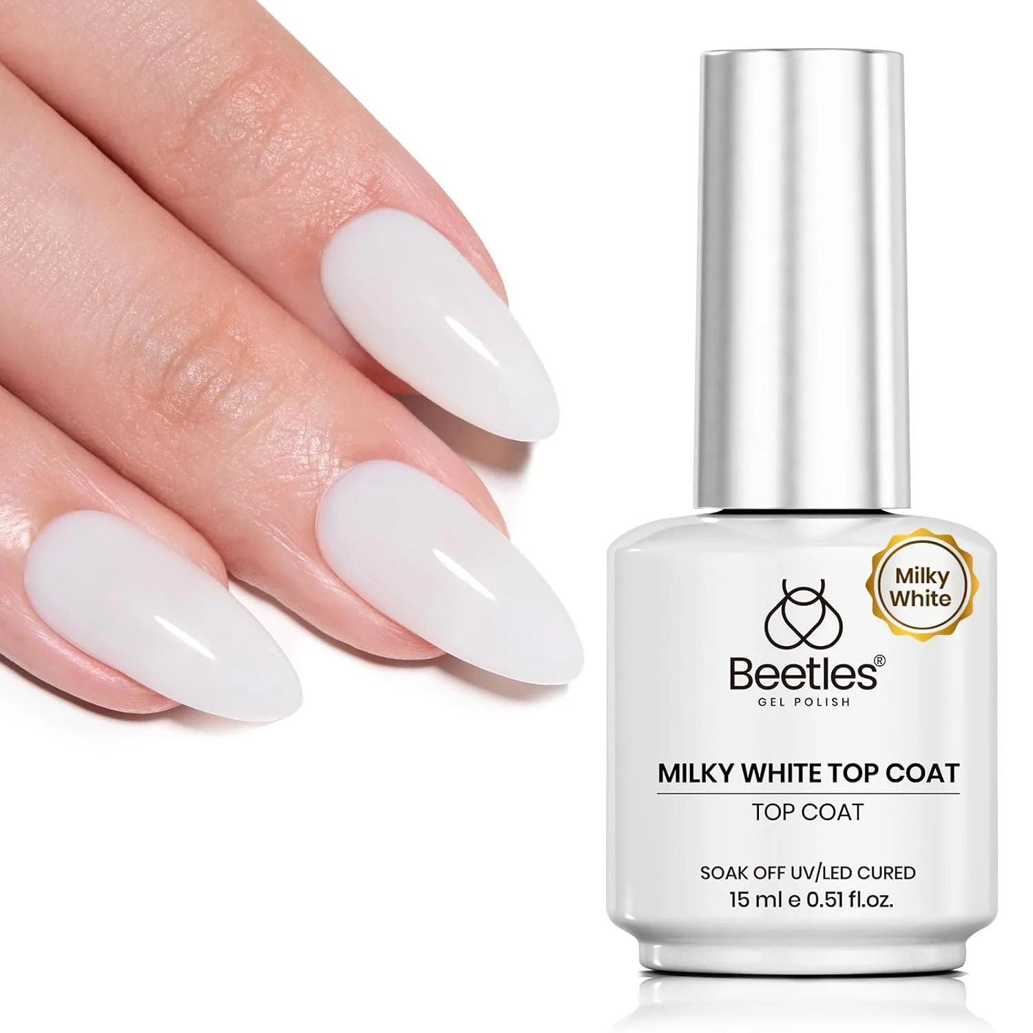 Beetles Milky White Gel Top Coat, 2-in-1 Glossy Top Coat Gel Nail Polish