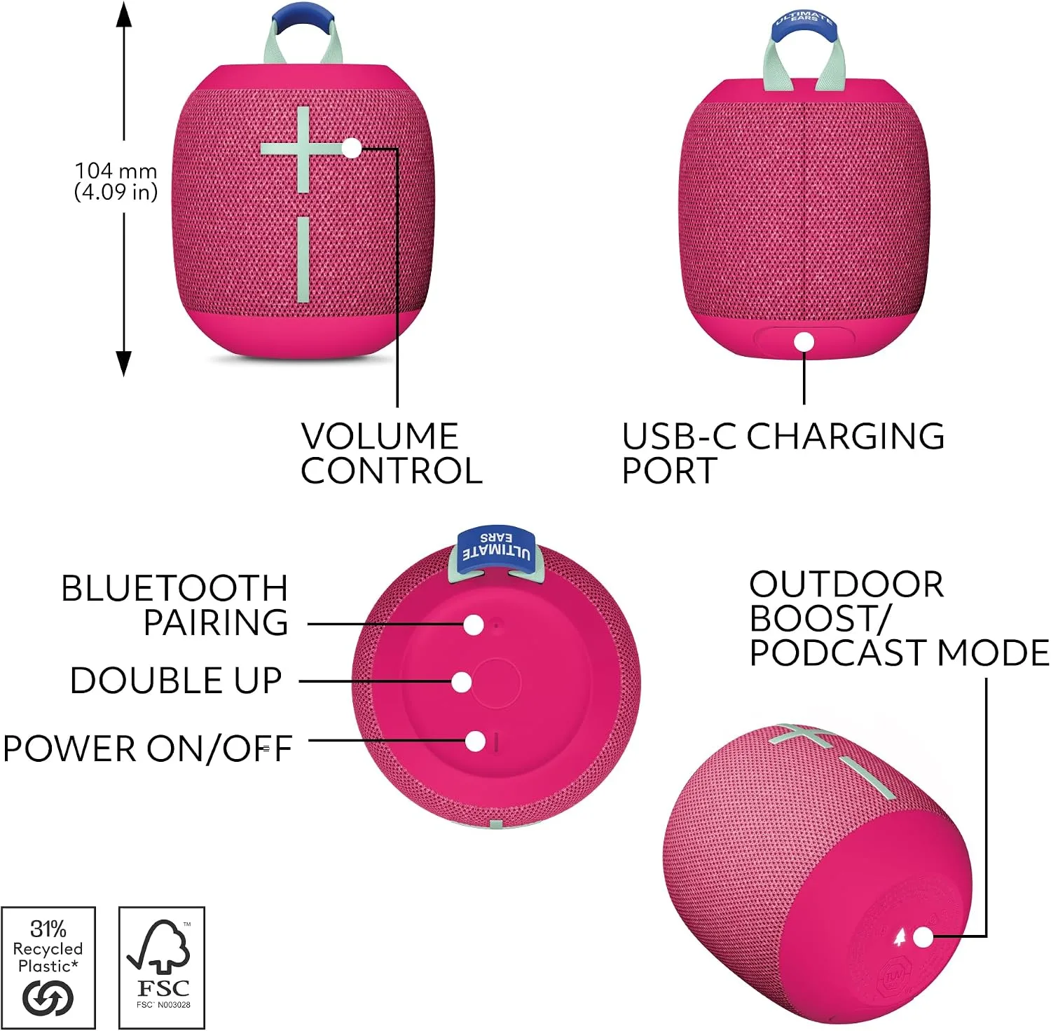 Ultimate Ears WONDERBOOM 4 Portable Waterproof Speaker - Pink
