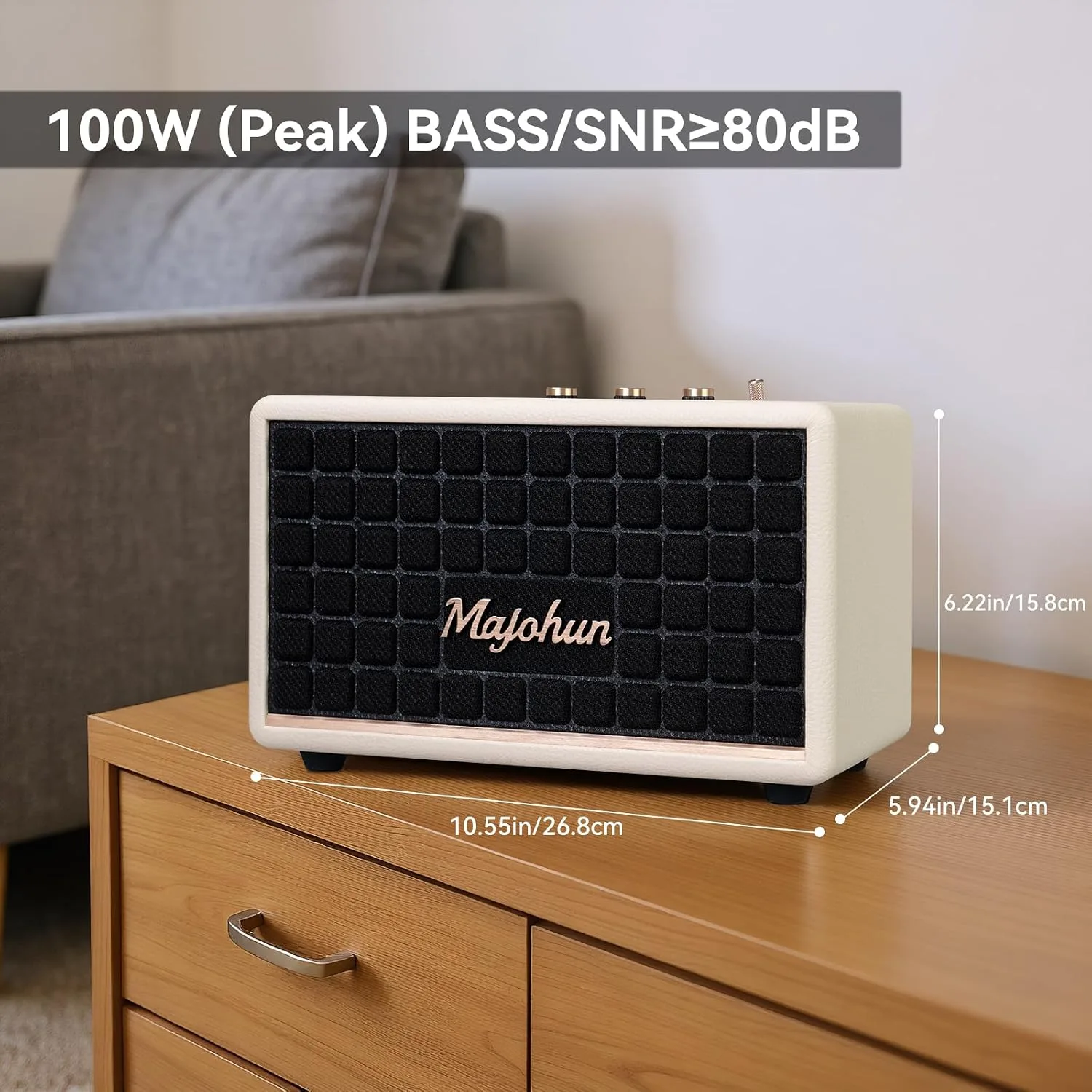 100W Peak Wood Bluetooth 5.4 Speaker, Vintage TWS Stereo (White)