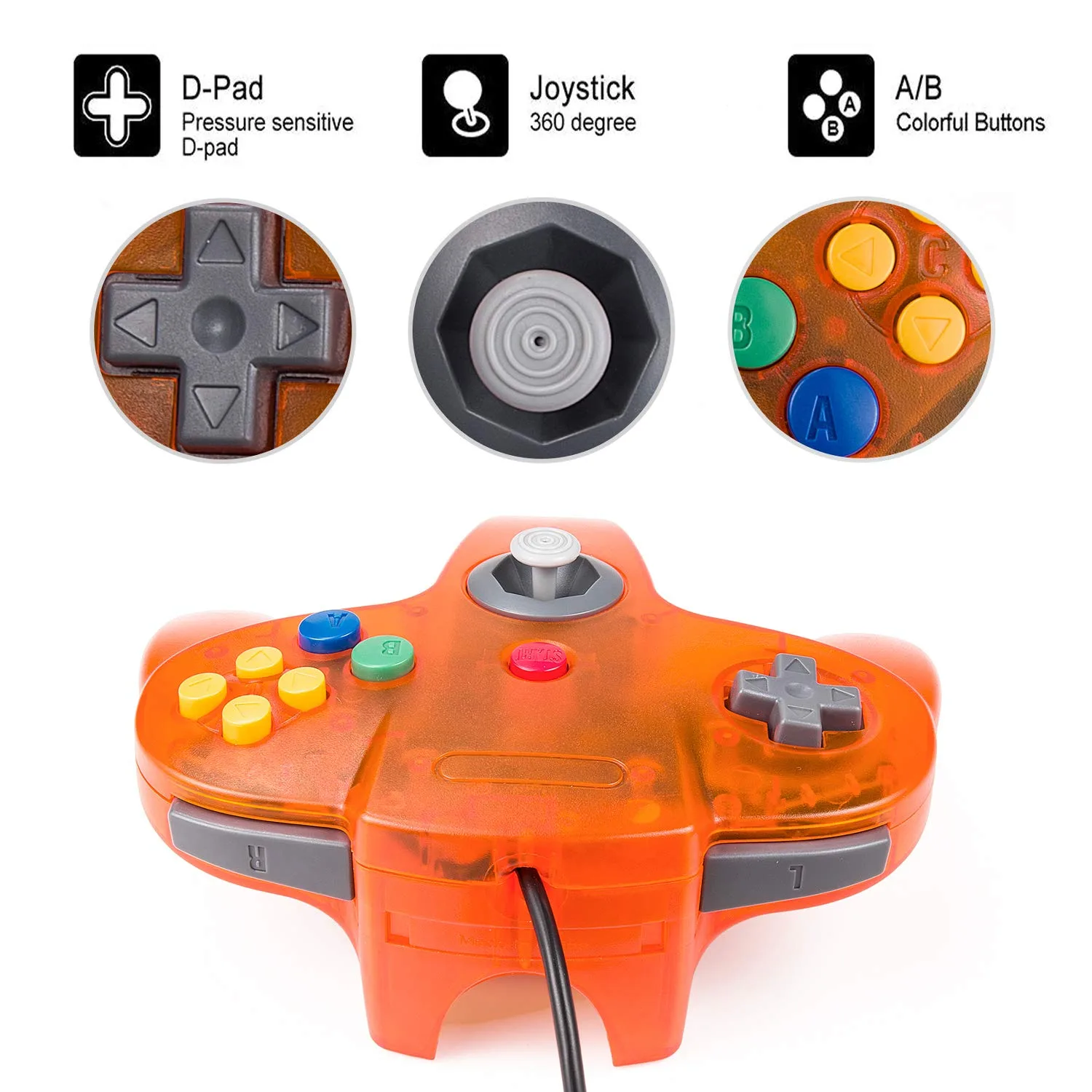 miadore 2-Pack Wired Classic 64 Controller Bundle with 2 Extension Cords [1.8m/6ft ] Compatible with N64 Video Game Console (Clear Orange and Green)