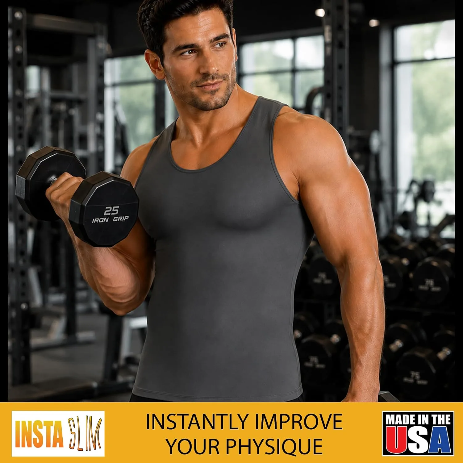 Insta Slim - Made in USA 3 Pack Compression Muscle Tank Body Shapers for Men. Back Support, Slimming Shapewear Undershirt