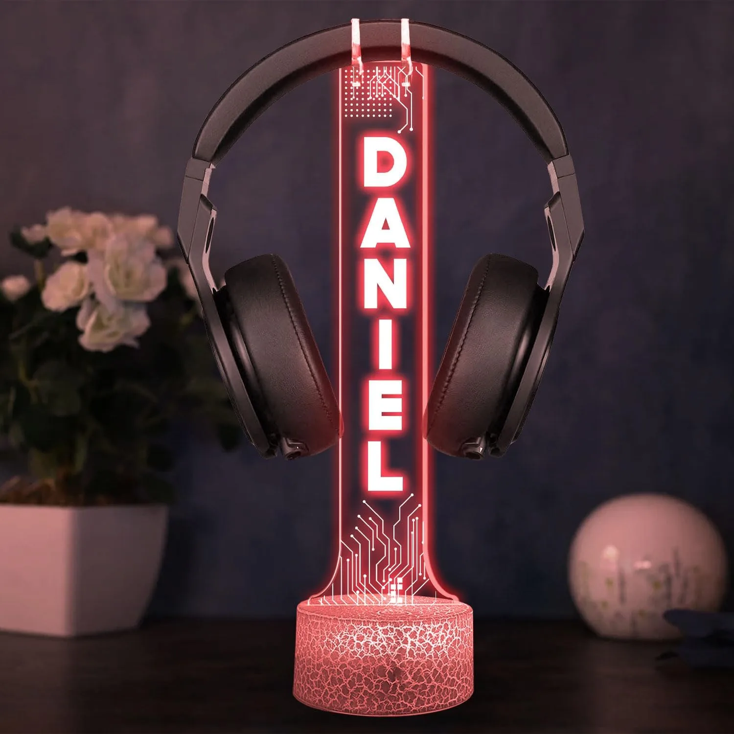 Personalized DJ Headphone Holder with RGB LED Lights, Custom Name Headset Holder for Gamers, Boyfriend or Him, 3D Light-Up Display, Cool Christmas or Birthday Gift for Music Lovers