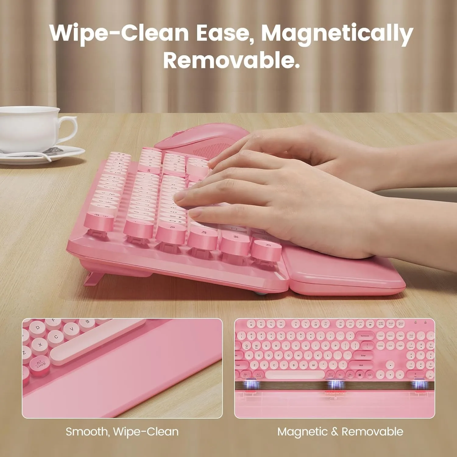 Wireless Keyboard and Mouse Combo, Magnetic Wrist Rest, Round Keycaps, Pink