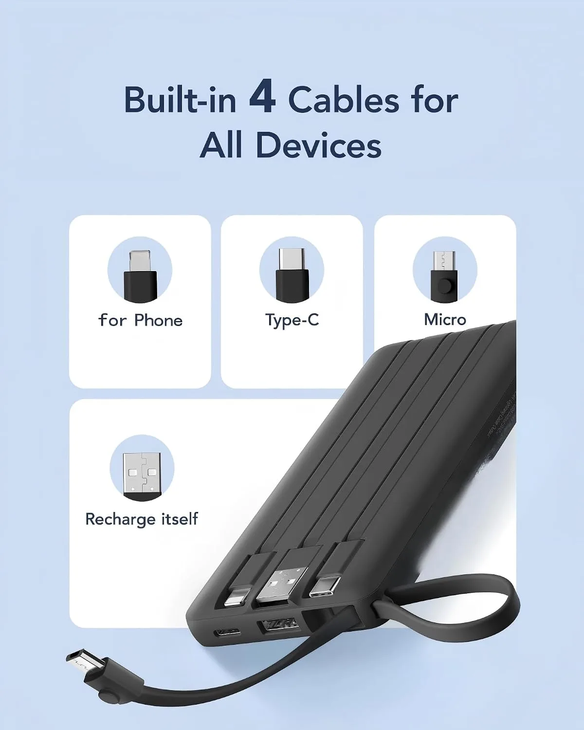 VRURC Portable Charger, Built in 4 Cables & Lanyard Power Bank 10000mAh