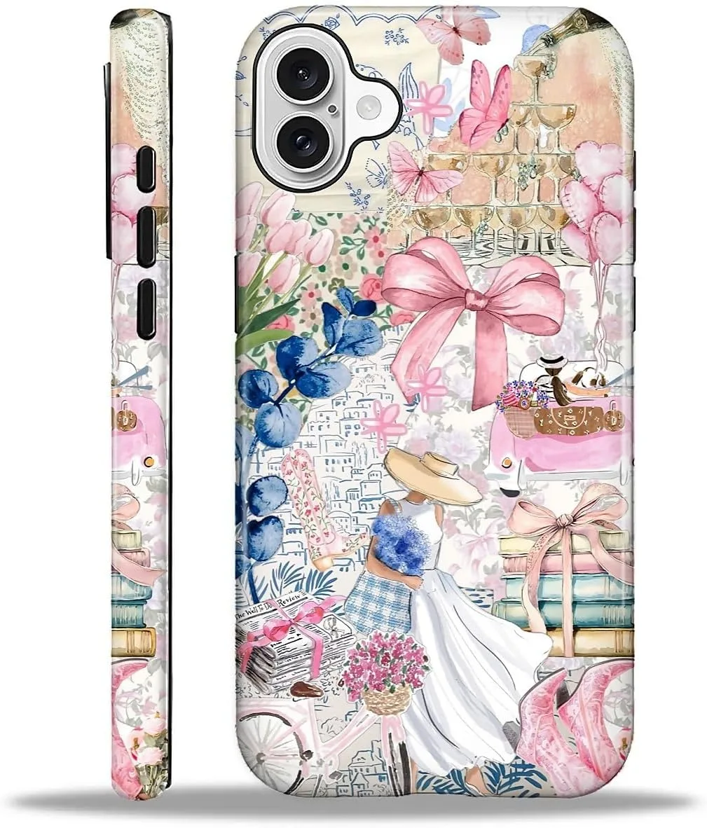 DAIZAG Case for iPhone 16 Plus,Mixed 2 Layer Design Shockproof Soft TPU Ddouble Protection Phone Case for iPhone 16 Plus-Magazine Books Flower Bow Collage
