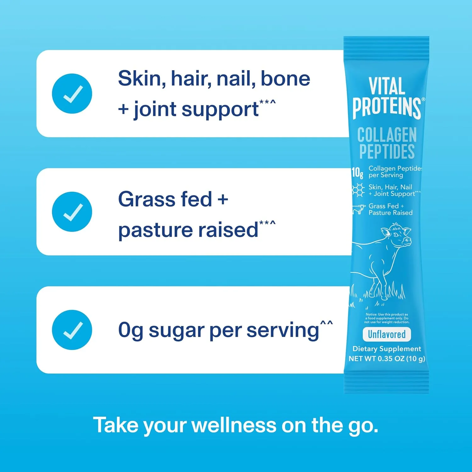 Vital Proteins Collagen Peptides Powder, Unflavored Stick Packs, 20 Count