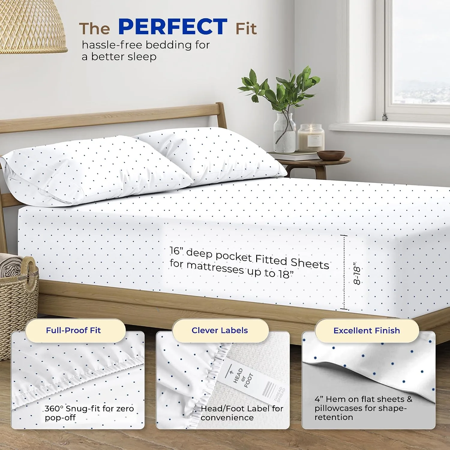 Thread Spread Egyptian Cotton Sheets King Size - Luxury 600 Series King Size Sheets Set (4 PC, Polka Dot - Navy), 16" Deep Pocket All Around Elastic, Soft, Cooling Sateen, Durable Hotel Bed Sheet Sets