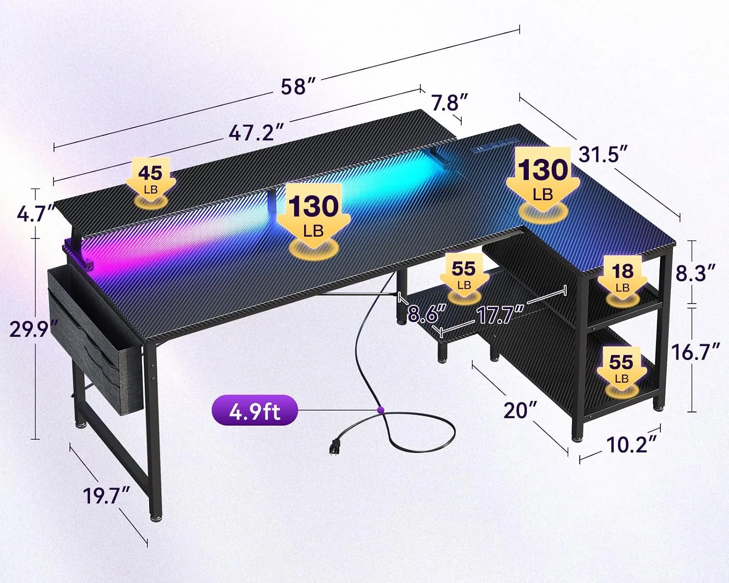 ODK 58 Inch L Shaped Gaming Desk with LED Lights, Power Outlets, Black