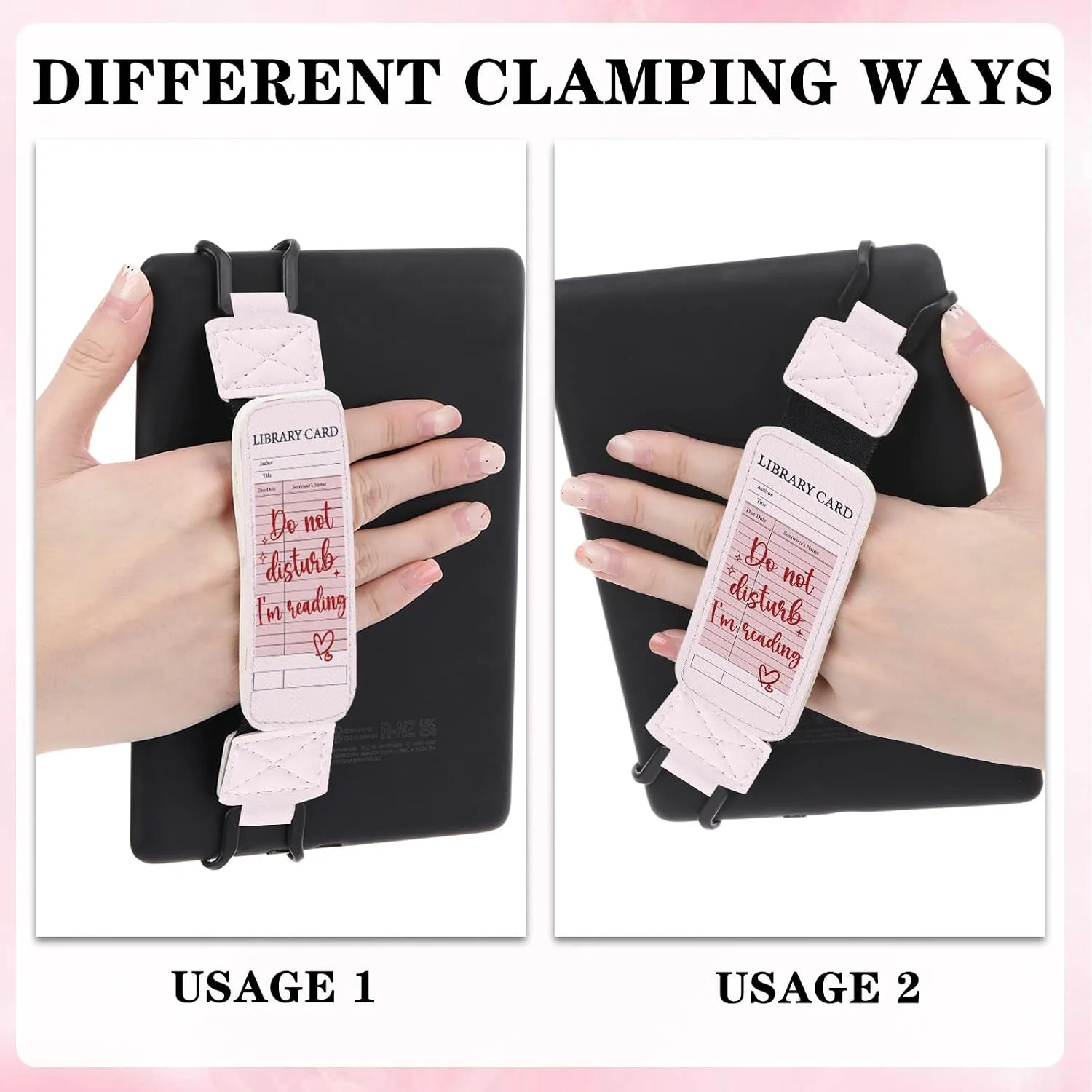 Hand Strap Accessories for Kindle - Pink Bookish Library Card Finger Grip for 6-8" Paperwhite 11th/12th Generation/Kobo/Sony/Lenovo Ereader E-Book Tablet High Elasticity Holder for Reading
