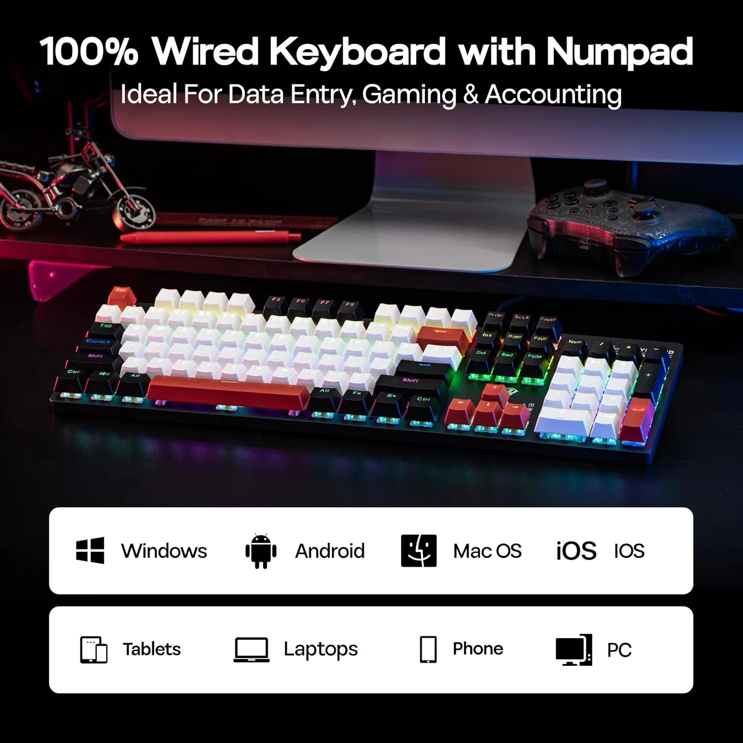 MechLands Aula S500 Wired Gaming Keyboard, 100% Full Size Mechanical Keyboard with Number Pad, 104 Keys, NKRO, RGB Backlits, Shine Through Keycaps, Ergonomic for PC E-Sports (Black&Red, Blue Switch)